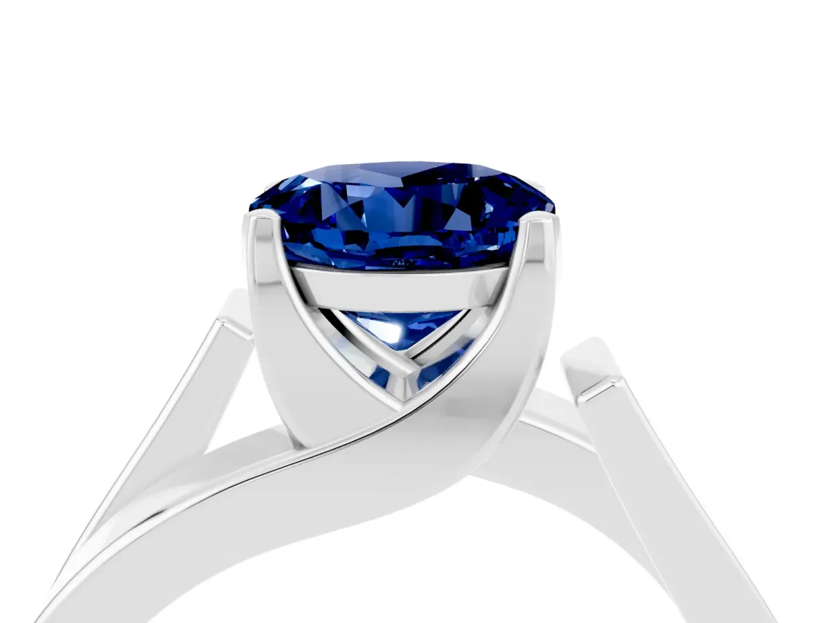 Modern Tension Set Round Cut Blue Sapphire Solitaire Wide Band Ring Silver