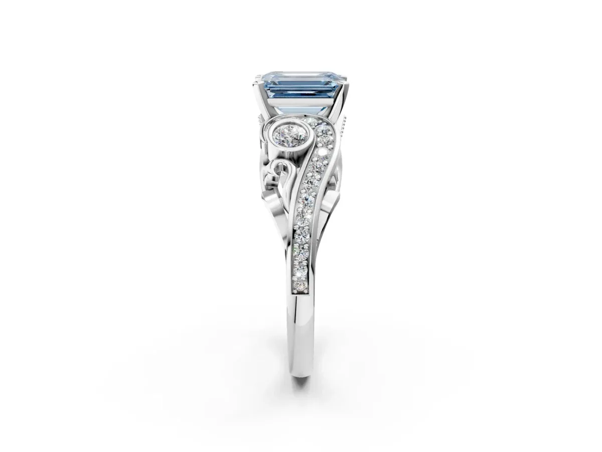 Fancy Blue Emerald Cut Diamond Solitaire Ring with Milgrain Pavé Band and Four-Prong Setting Silver