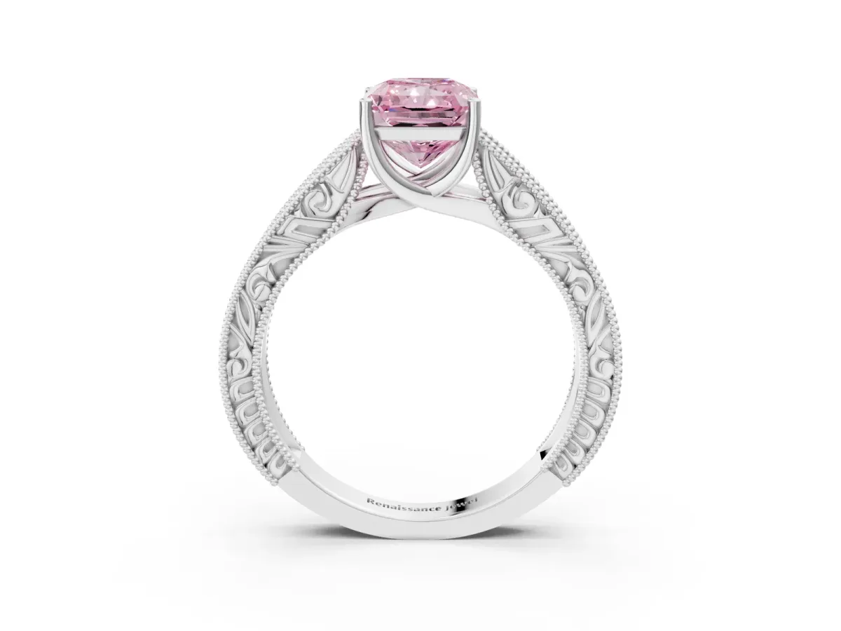 Fancy Pink Radiant Cut Diamond Solitaire Ring with Engraved Band and Four-Prong Setting Platinum
