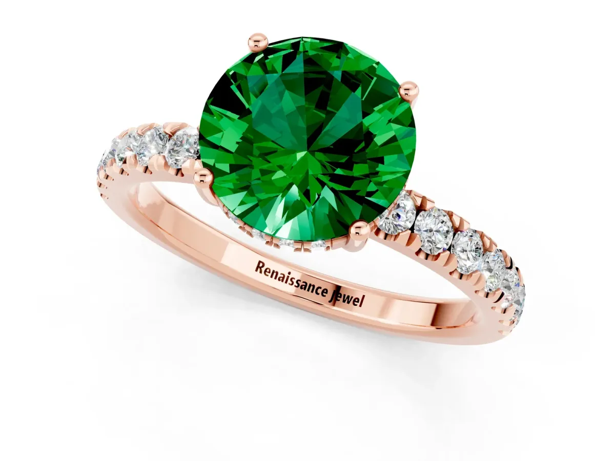 Round Cut Emerald Pave Band Solitaire Ring with Round and Prong Setting Rose gold