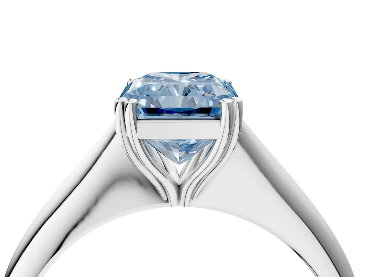 Fancy Blue Radiant Cut Solitaire Diamond Ring with Six-Prong Setting and Classic Band Platinum