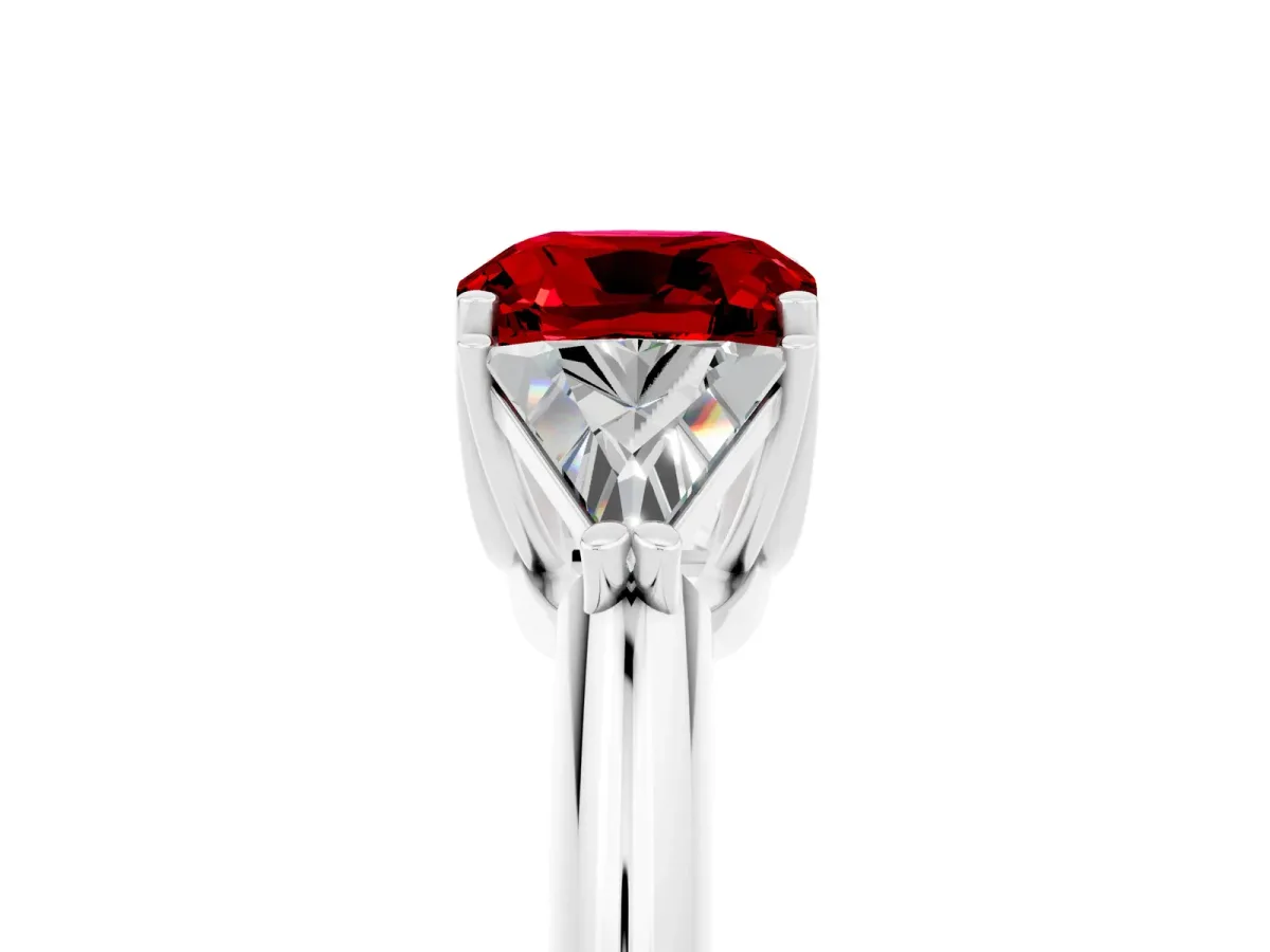 Three-Stone Cushion Cut Ruby Engagement Ring with Trillion Side Stones and Prong Setting White gold