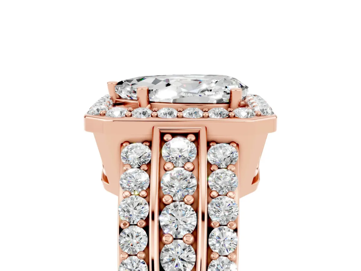 Pear Cut Halo Moissanite Ring with Round Split Shank and Prong Setting Rose gold