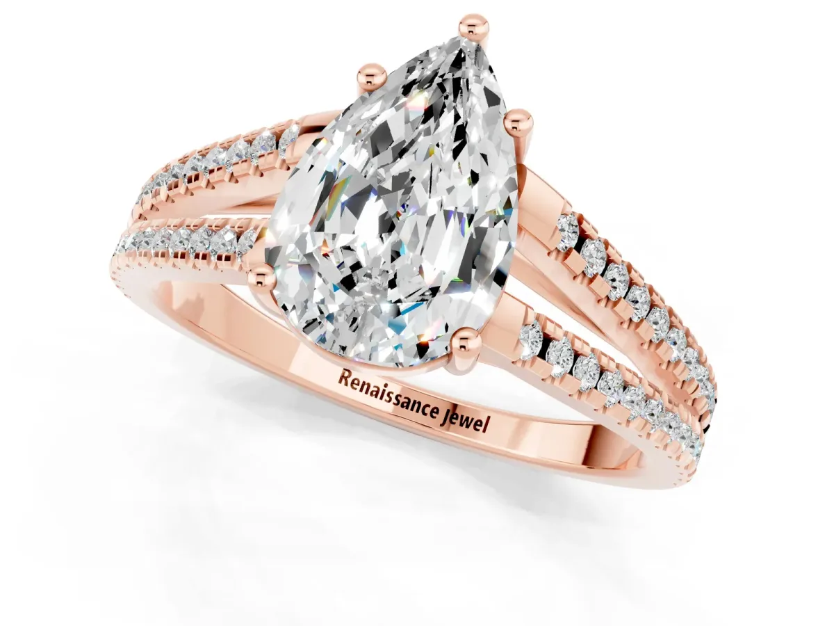 Pear Cut Moissanite Solitaire Engagement Ring with Split Shank Pavé Band Rose gold