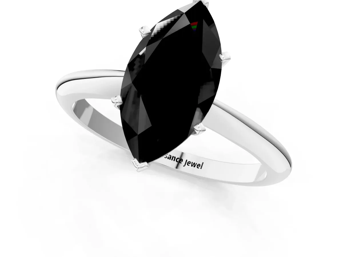 Fancy Black Marquise Cut Diamond Solitaire Engagement Ring with Classic Band and Four-Prong Setting Silver