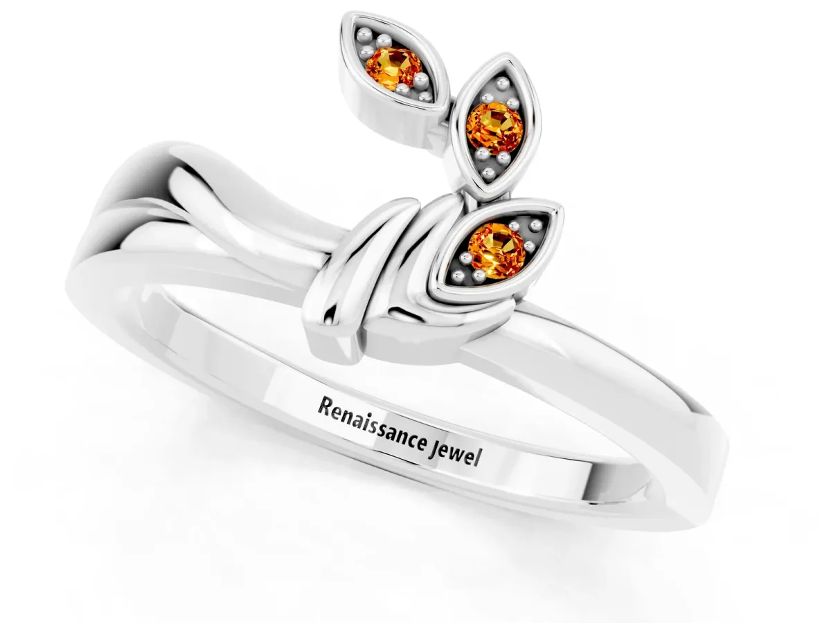 Three-Stone Round Citrine Leaf Bypass Ring with Bezel Setting Platinum
