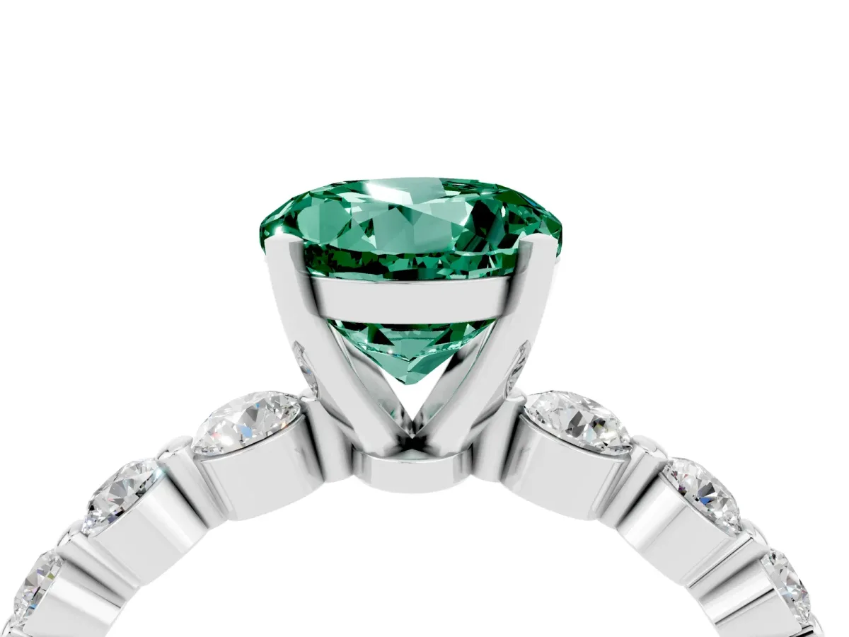 Round Cut Solitaire Green Sapphire Ring with Pave Band and Four-Prong Setting Silver