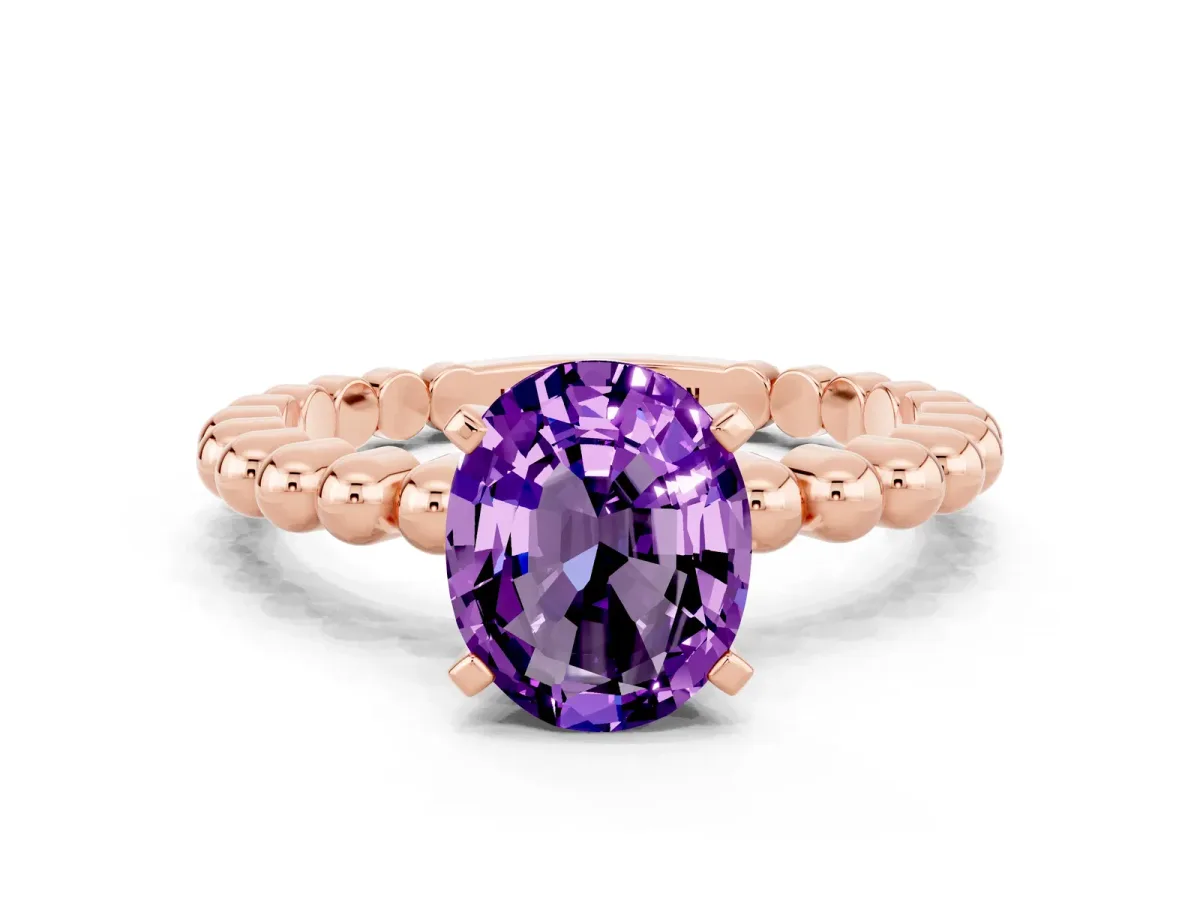 Oval Cut Amethyst Solitaire Ring with Beaded Band and Prong Setting Rose gold