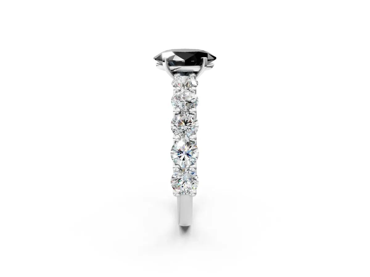 Fancy Black Oval Cut Diamond Prong Setting with Side Stones on a Pave Band Platinum