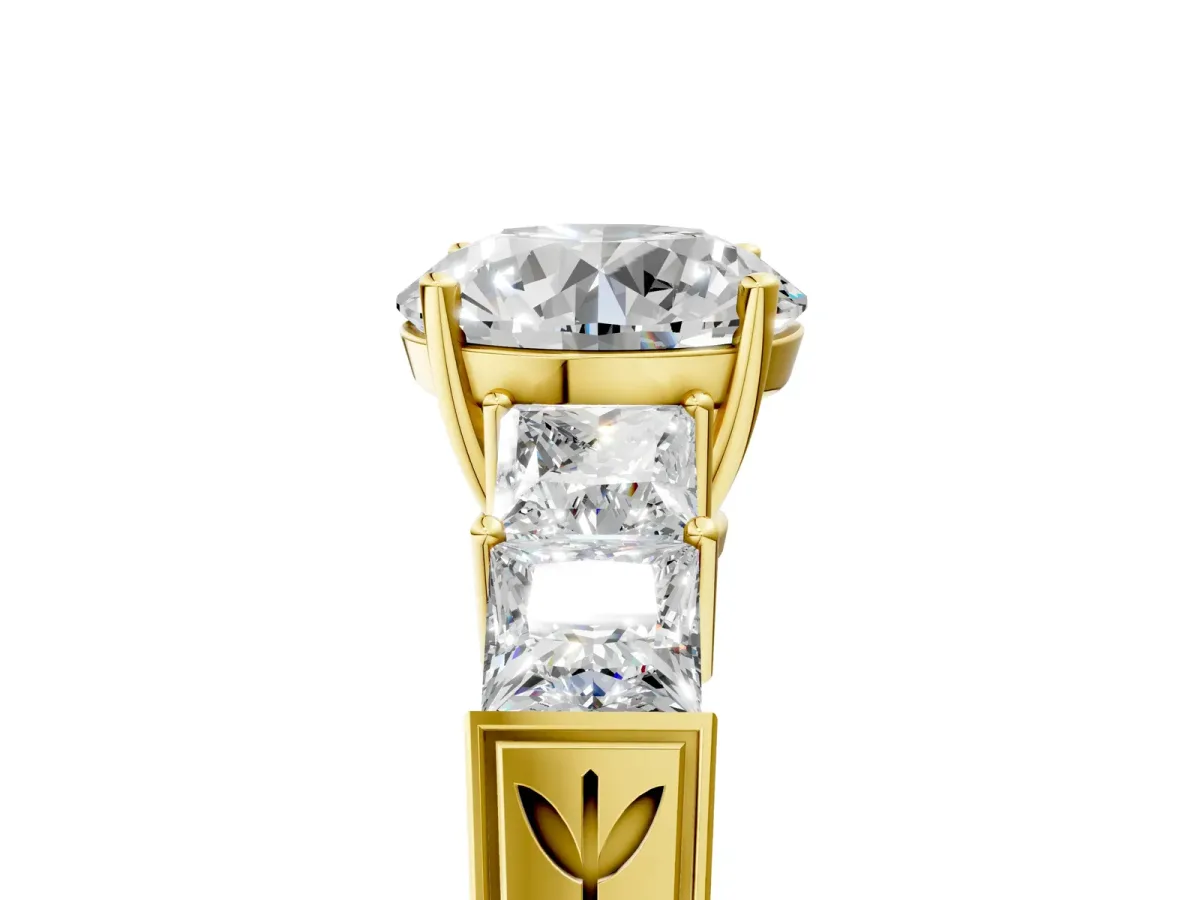 Round Cut Solitaire Princess Side Stone Engraved Band Prong Setting Ring Yellow gold