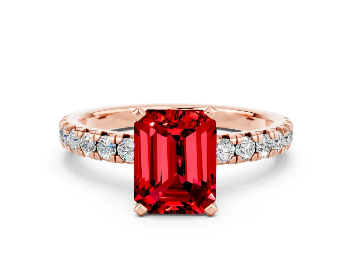 Emerald Cut Ruby Solitaire Pavé Engagement Ring with Round Band and Prong Setting Rose gold