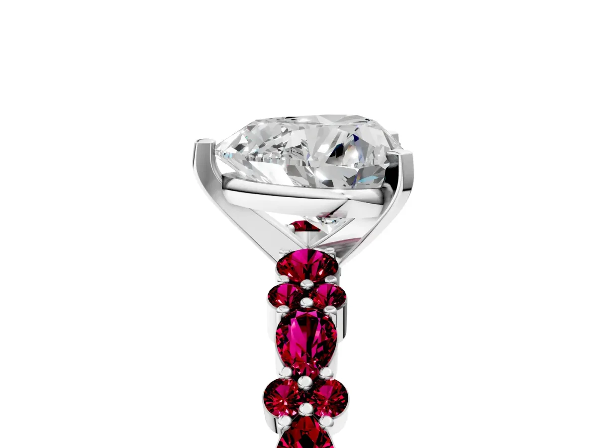 Heart Cut Diamond Side Stone Solitaire Ring with Round Garnet and Four-Prong Setting Platinum