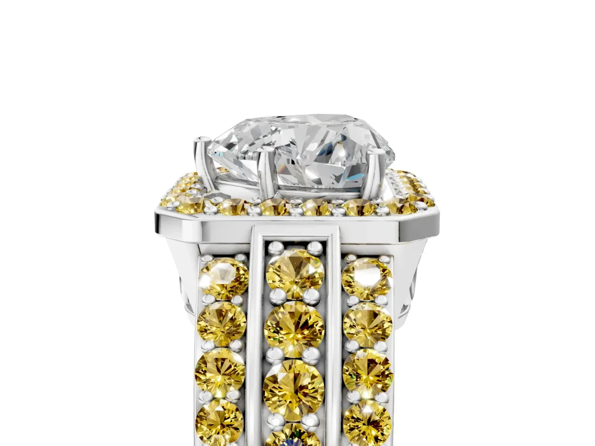 Heart Cut Halo Diamond Ring with Round Yellow Sapphire Split Shank and Prong Setting Silver