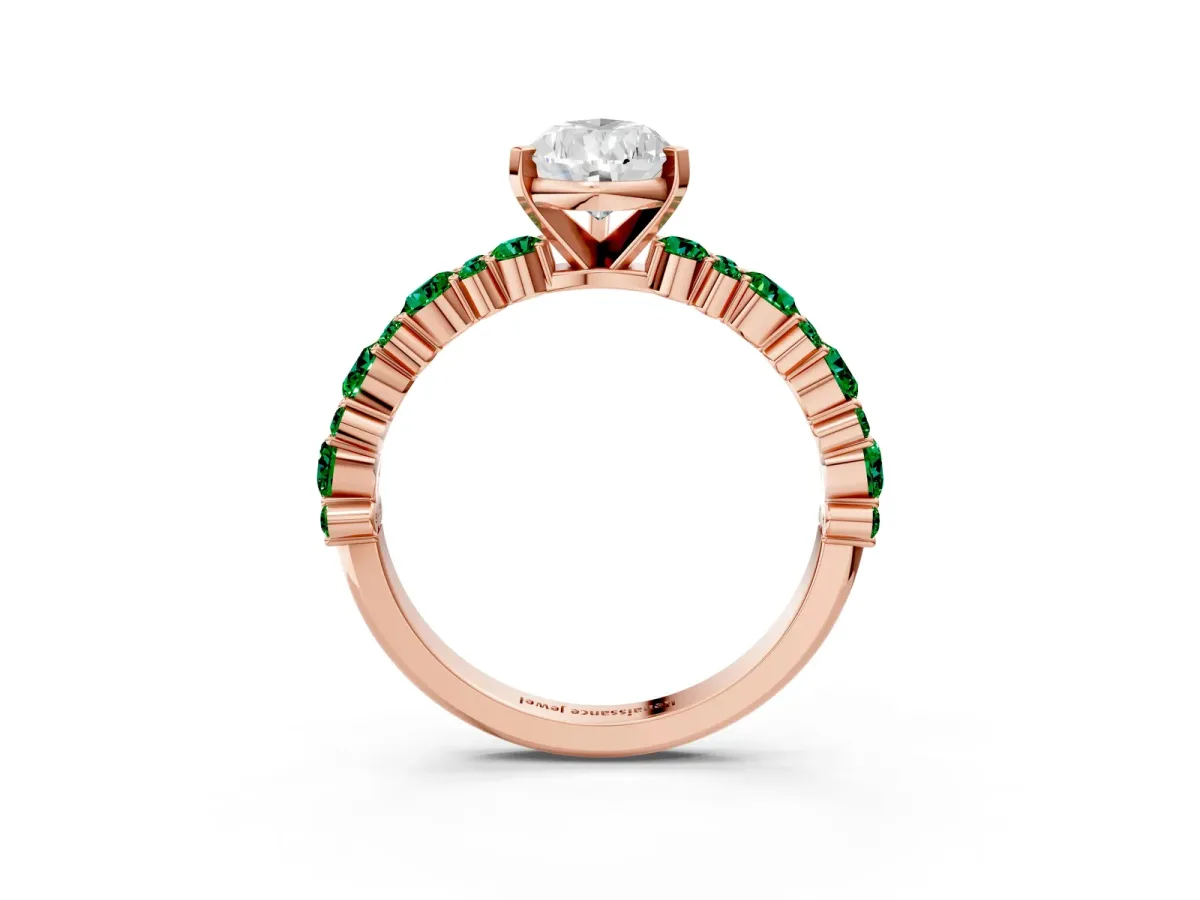 Pear Cut Diamond Side Stone Solitaire Ring with Round Emerald and Four-Prong Setting Rose gold