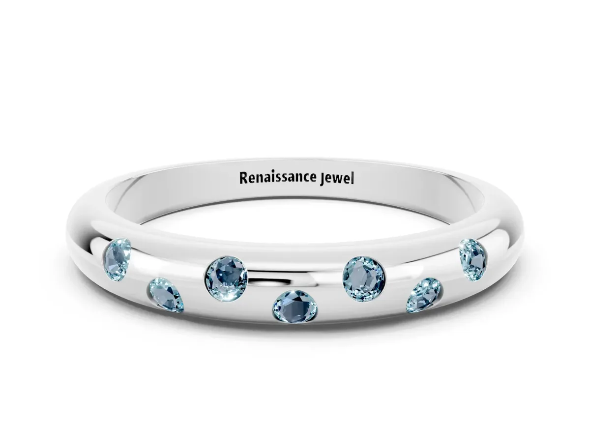 Round Aquamarine Flush-Set Comfort Fit Band Silver