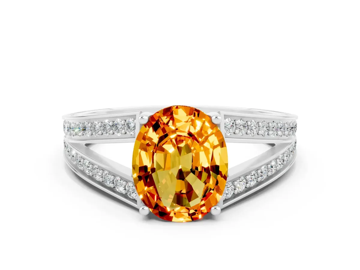 Oval Cut Citrine Split Shank Ring with Pavé Band and Four-Prong Setting White gold
