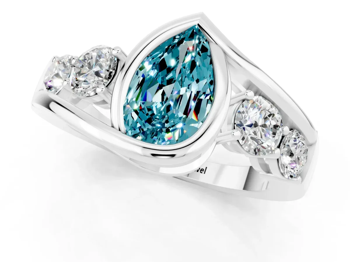 Bezel Set Pear Cut Blue Topaz Bypass Ring with Round Accents Platinum