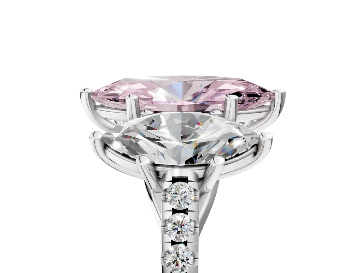 Fancy Pink Three-Stone Marquise Cut Diamond Ring with Round Pavé Band and Prong Setting Silver