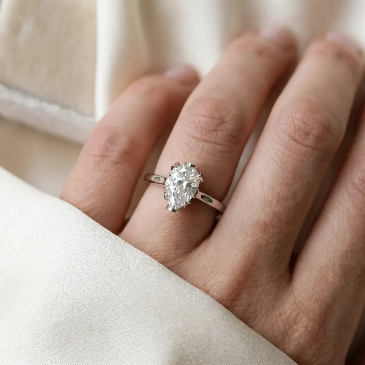 Pear Cut Diamond Solitaire Ring with Flower Prong Setting and Classic Band Silver