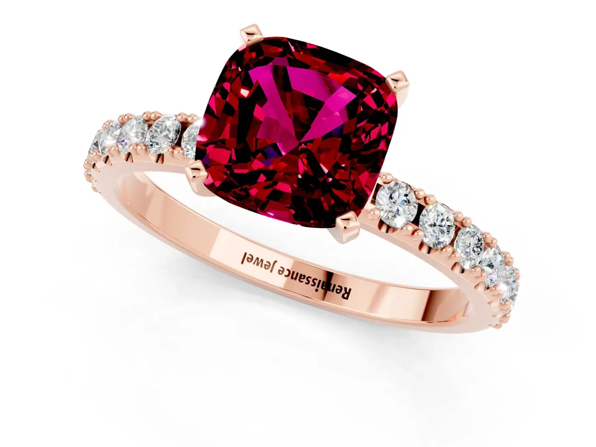 Cushion Cut Garnet Solitaire Pavé Band with Four-Prong Setting Rose gold