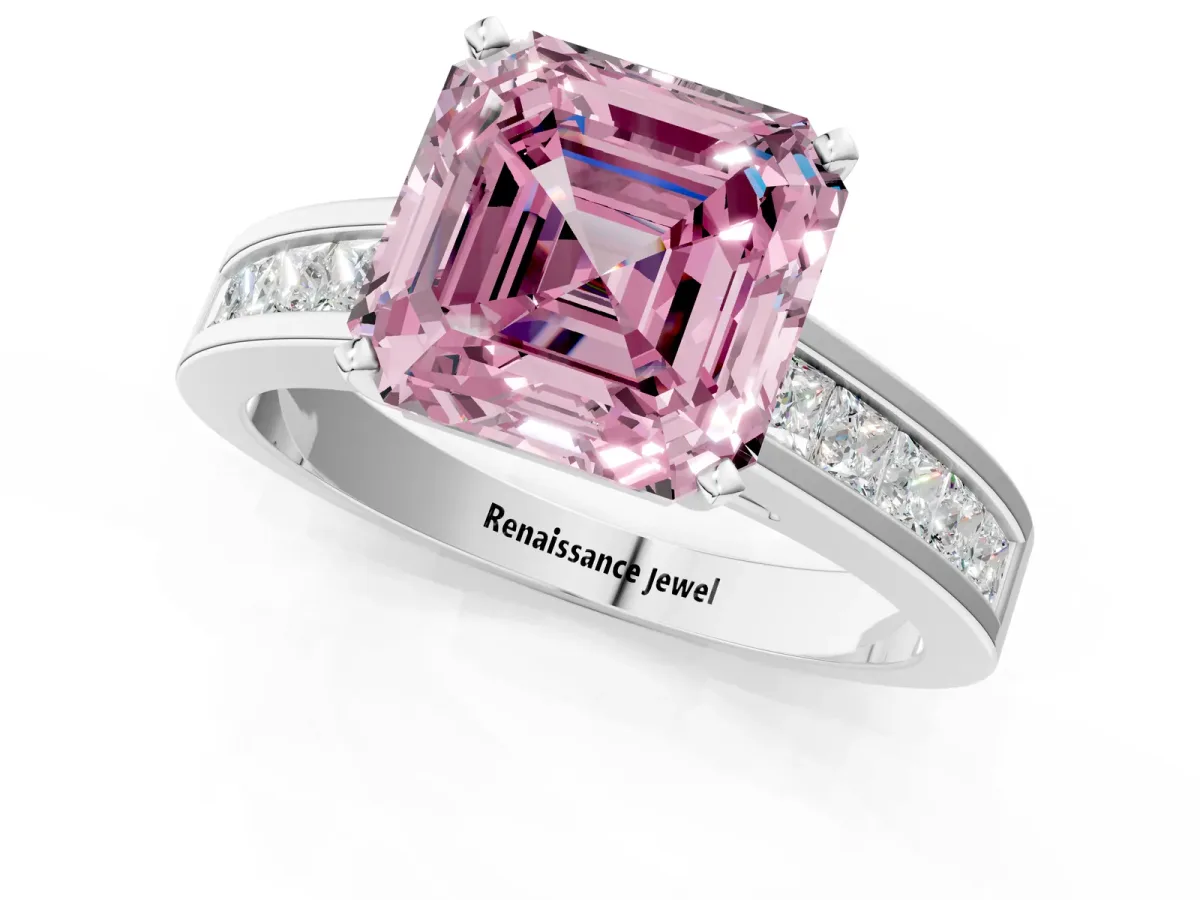 Fancy Pink Asscher Cut Solitaire Diamond Ring with Channel-Set Band and Four-Prong Setting Platinum