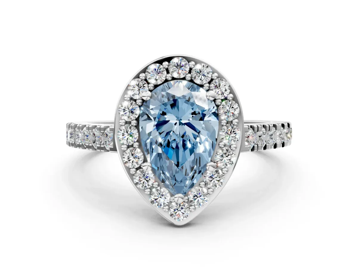 Fancy Blue Pear Cut Diamond Halo Ring with Round Pavé Split Shank and Prong Setting Platinum