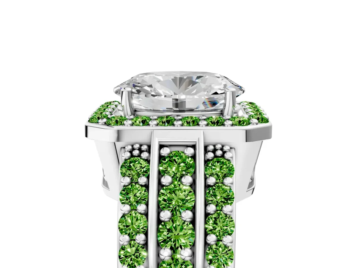 Oval Cut Halo Diamond Ring with Round Peridot Split Shank and Prong Setting Platinum