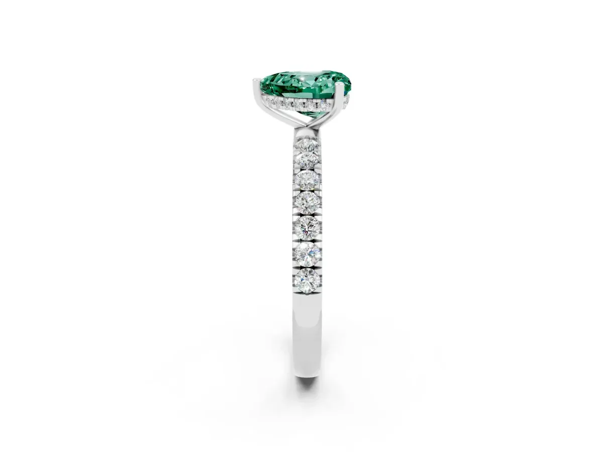 Heart Cut Green Sapphire Pave Band Solitaire Ring with Round and Prong Setting Silver
