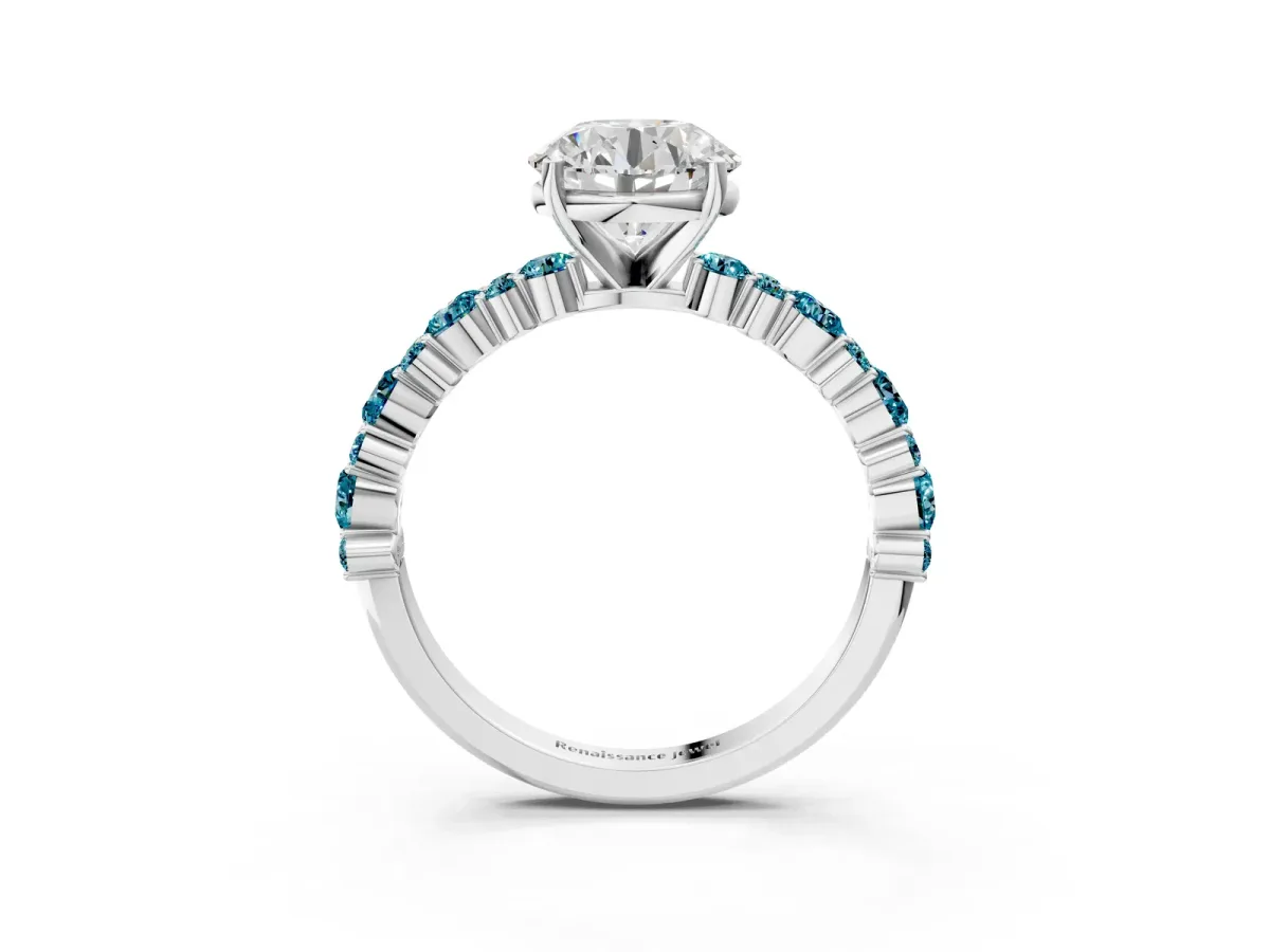 Round Cut Diamond Side Stone Solitaire Ring with Round Tanzanite and Four-Prong Setting Silver