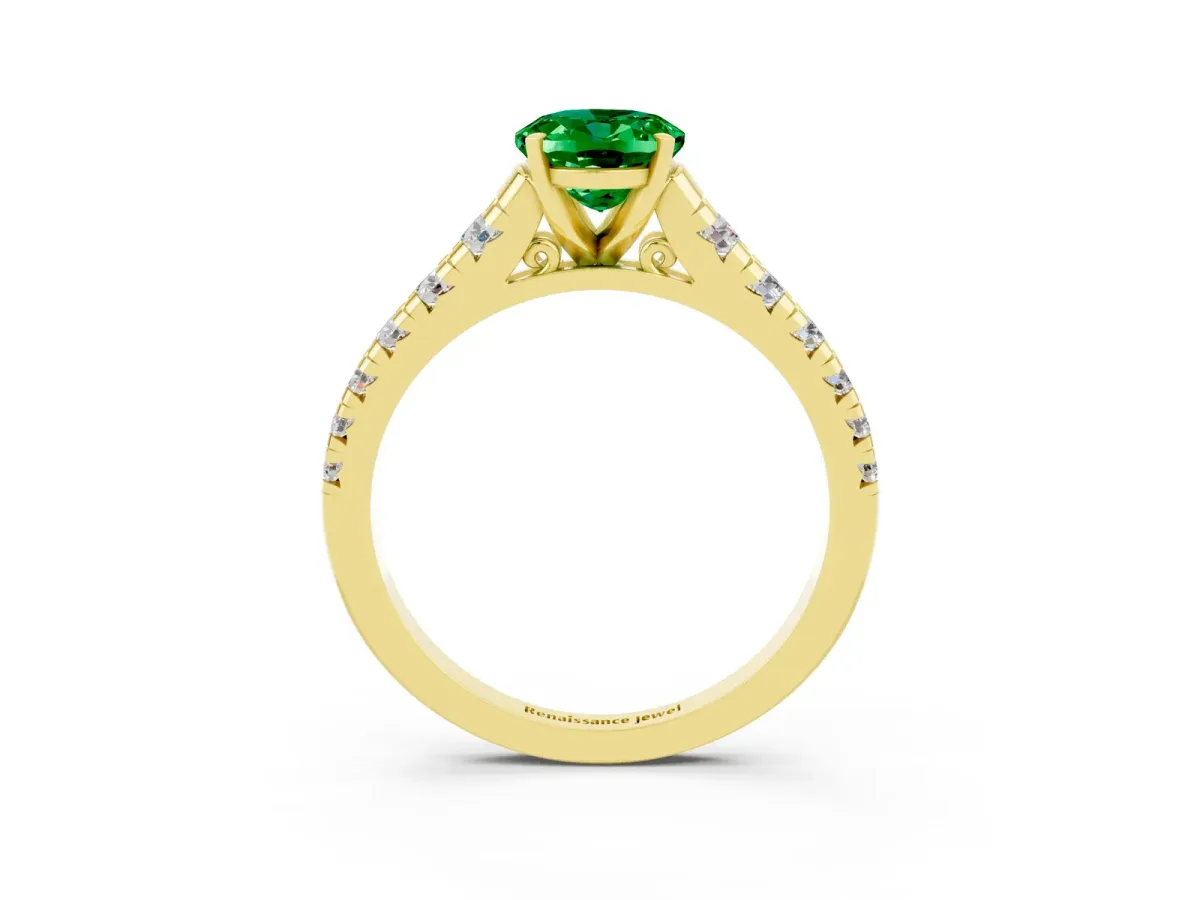 Oval Cut Emerald Cathedral Solitaire Ring with Round Pavé Band Yellow gold