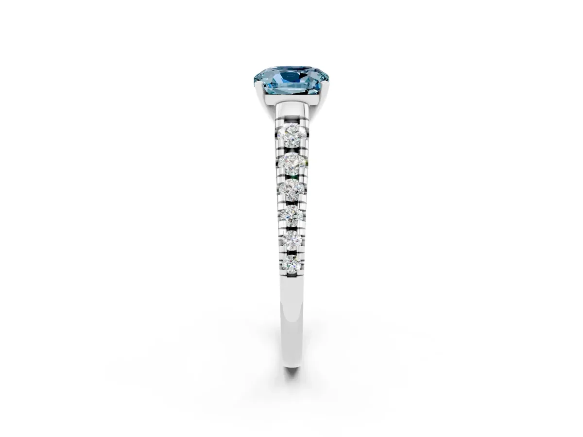 Cushion Cut Aquamarine Cathedral Solitaire Ring with Round Pavé Band Silver