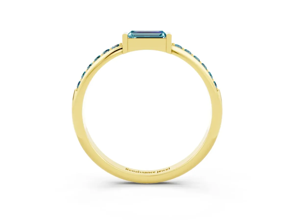 Baguette Blue Topaz Pavé Band with Bar Setting Yellow gold