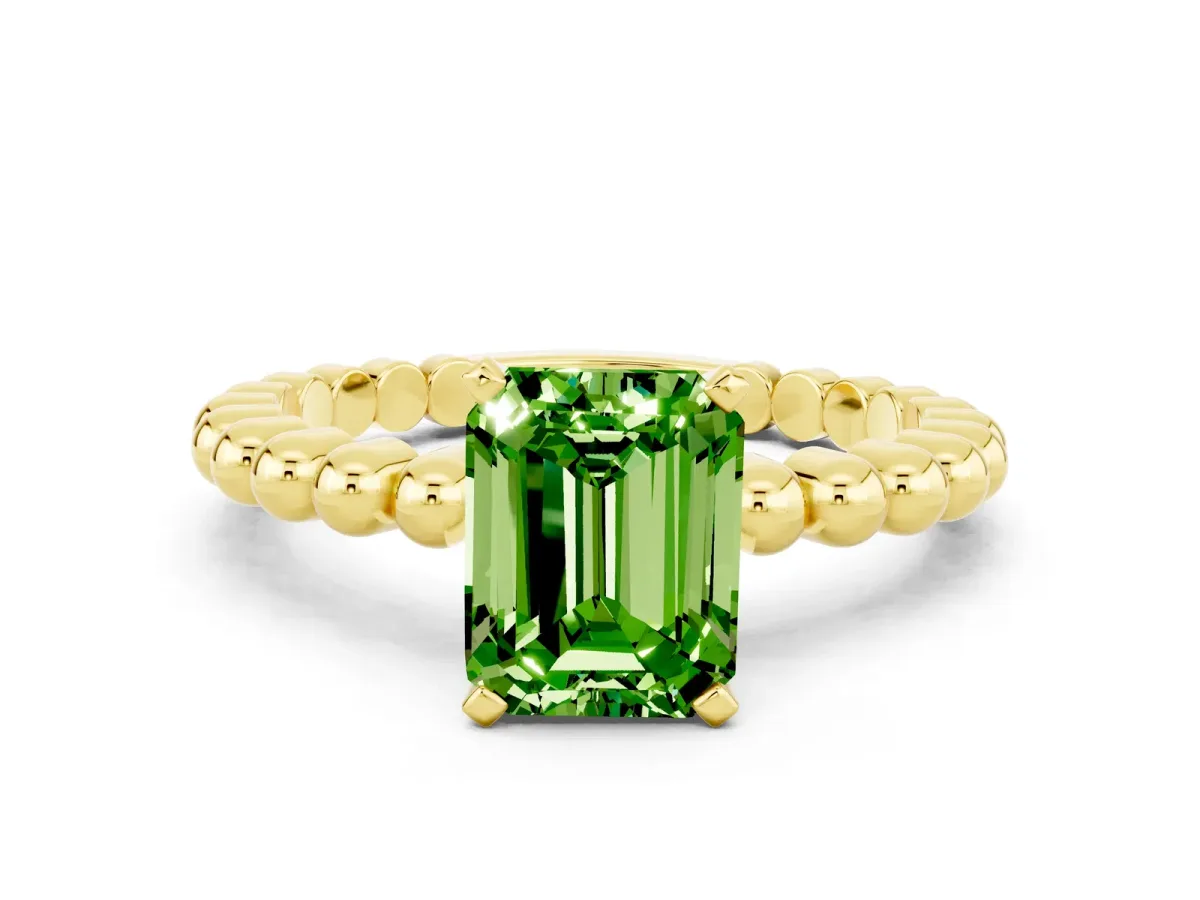 Emerald Cut Peridot Solitaire Ring with Beaded Band and Prong Setting Yellow gold