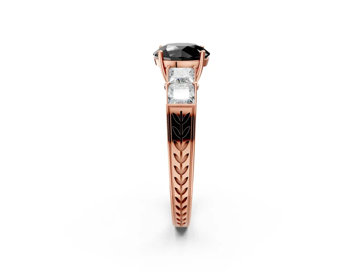 Fancy Black Round Cut Solitaire Princess Side Stone Engraved Band Prong Setting Ring Rose gold
