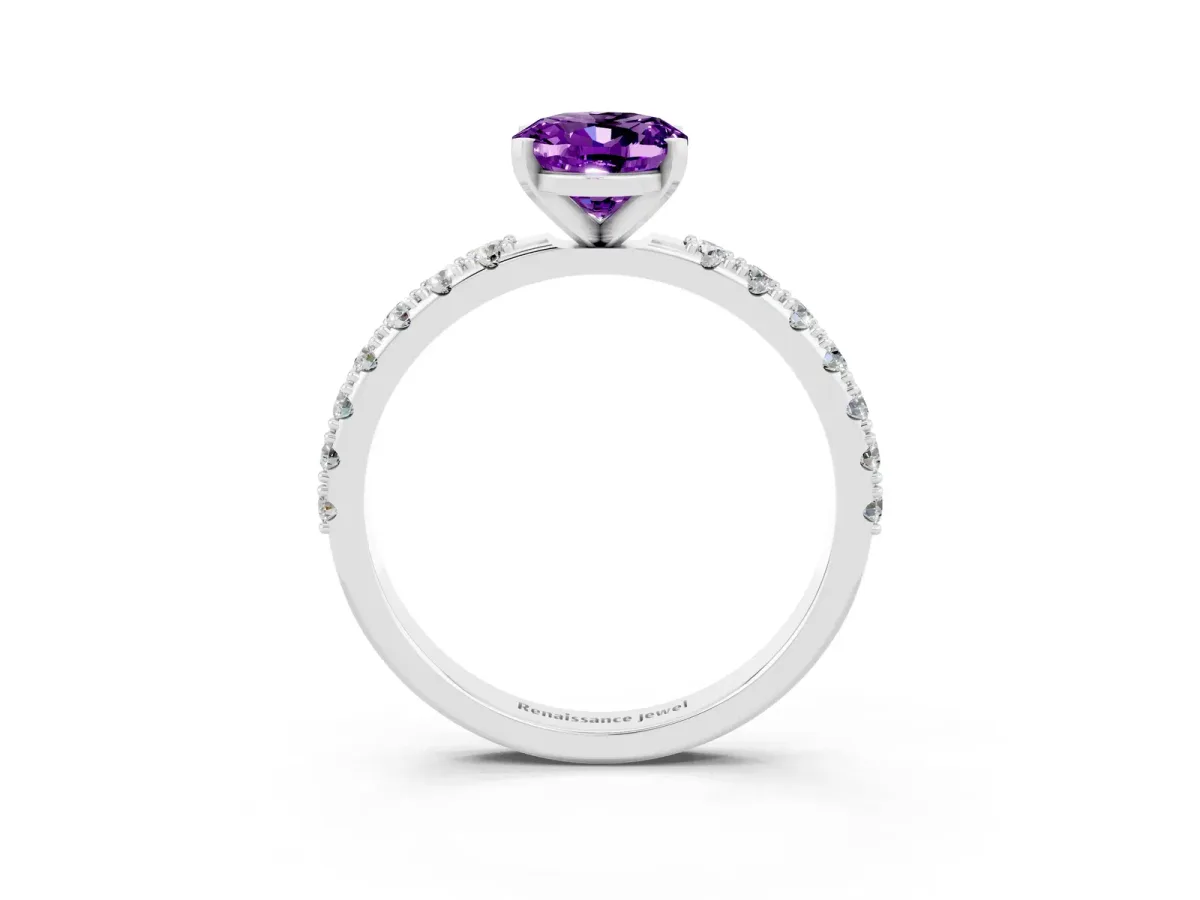 Oval Cut Amethyst Solitaire Pavé Band with Four-Prong Setting Platinum