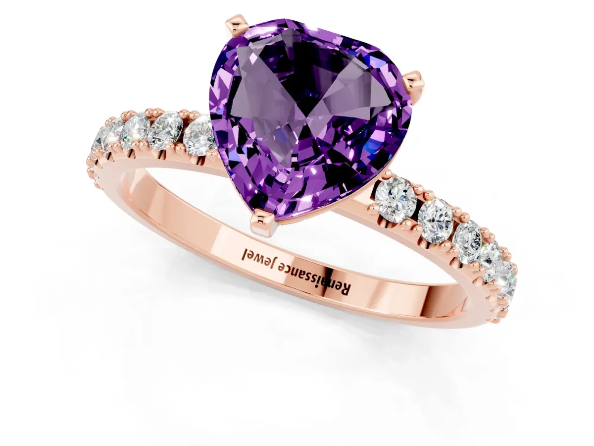 Heart Cut Amethyst Solitaire Pavé Band with Four-Prong Setting Rose gold