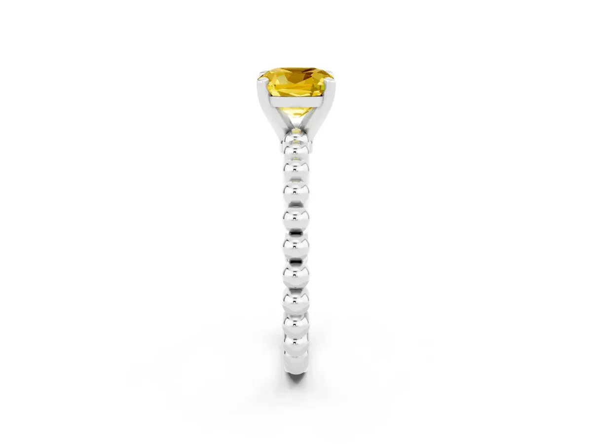 Cushion Cut Yellow Sapphire Solitaire Ring with Beaded Band and Prong Setting Silver