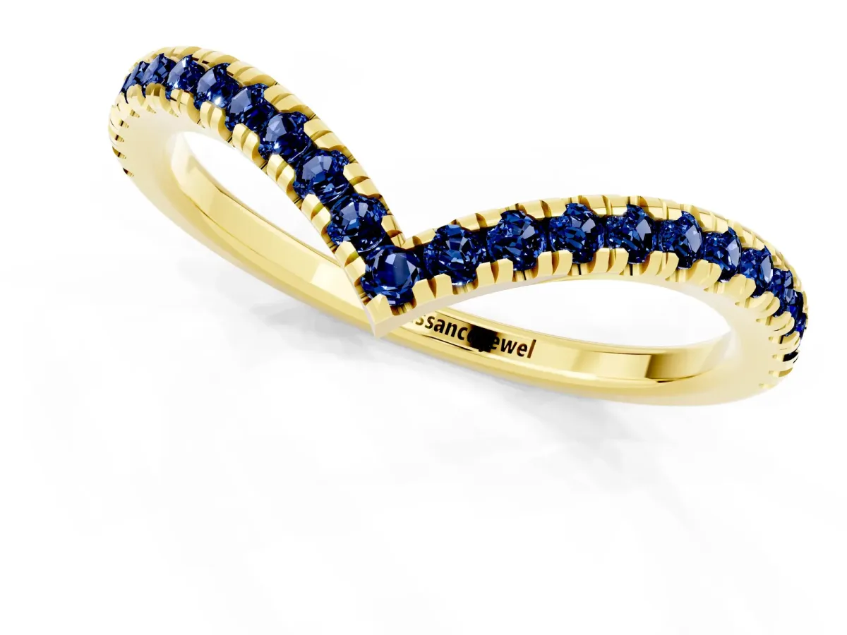 Pavé Round Blue Sapphire V-Shaped Chevron Band with Shared Prong Setting Yellow gold