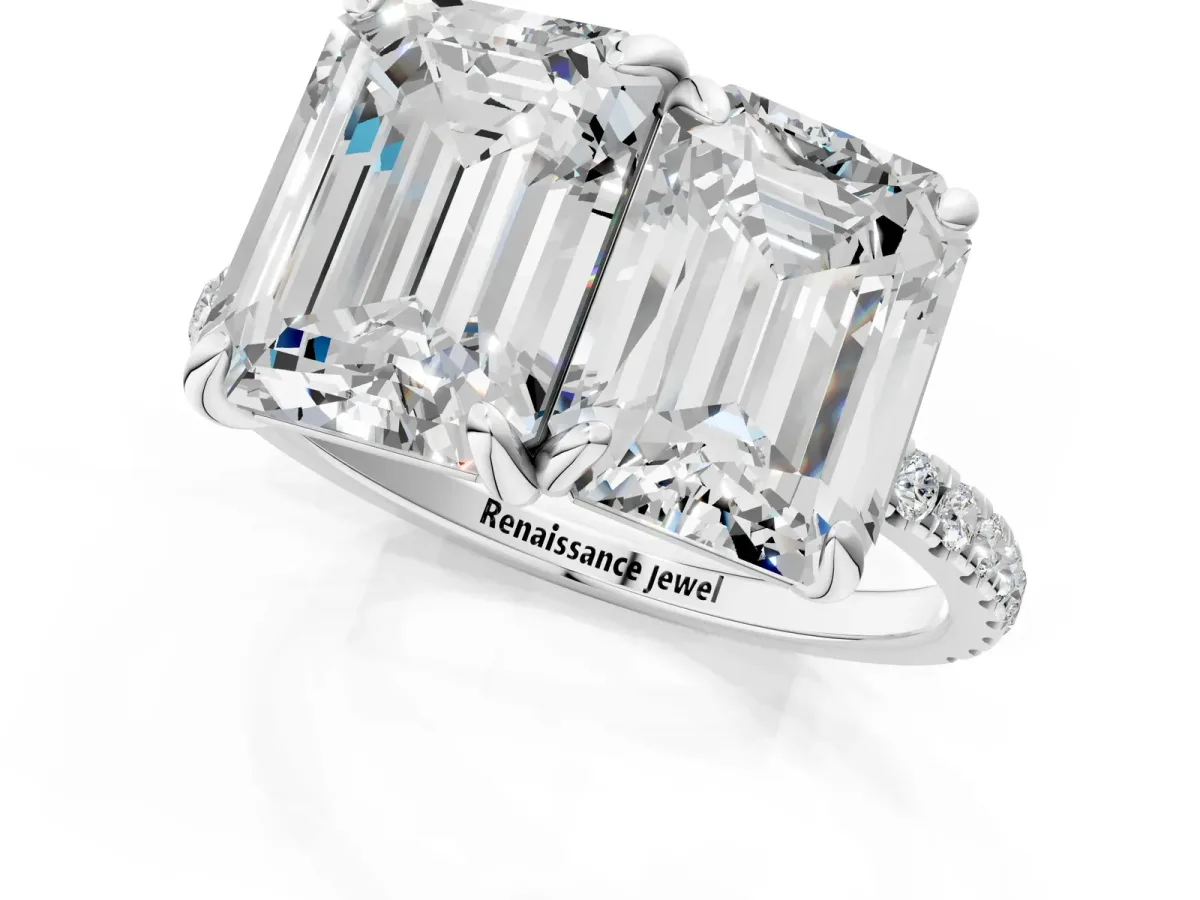 Emerald and Radiant Toi Moi Ring with Prong Setting and Micro Pave Band Silver