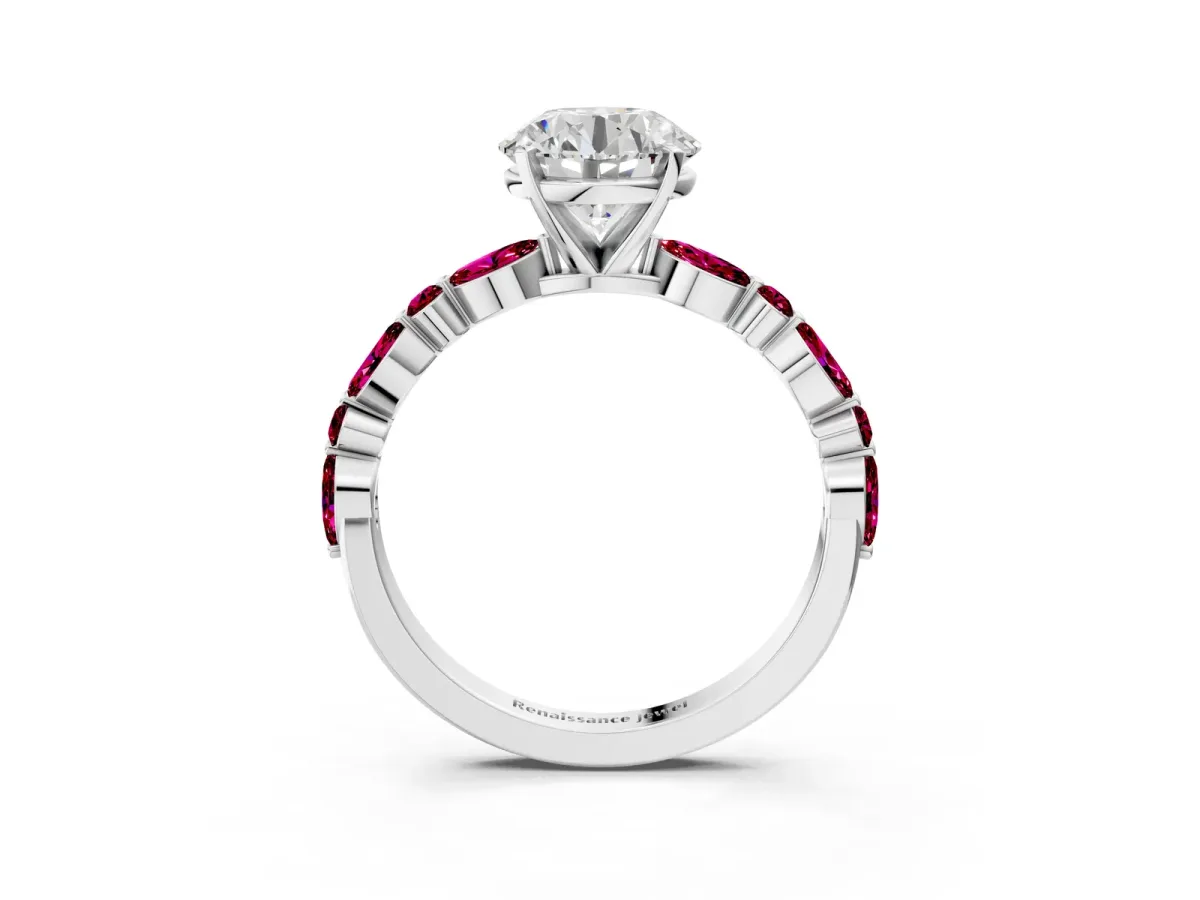 Round Cut Diamond Ring with Marquise and Round Garnet Side Stones and Four-Prong Setting Silver