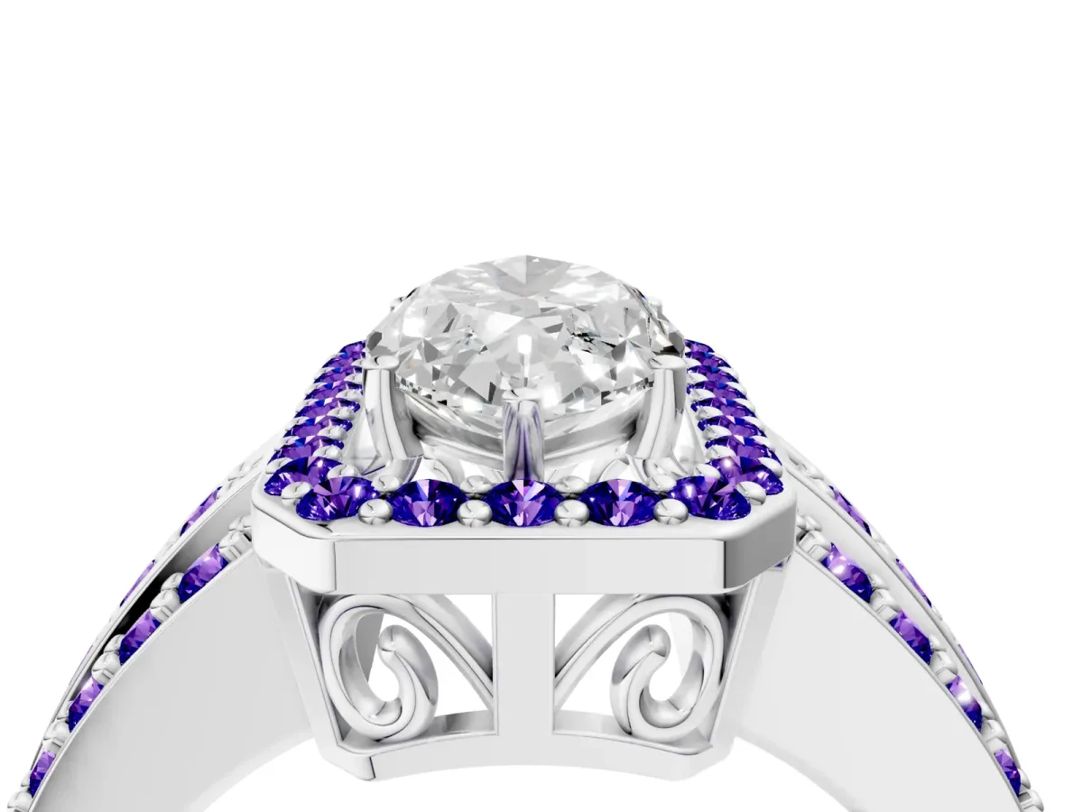 Marquise Cut Halo Diamond Ring with Round Tanzanite Split Shank and Prong Setting Silver