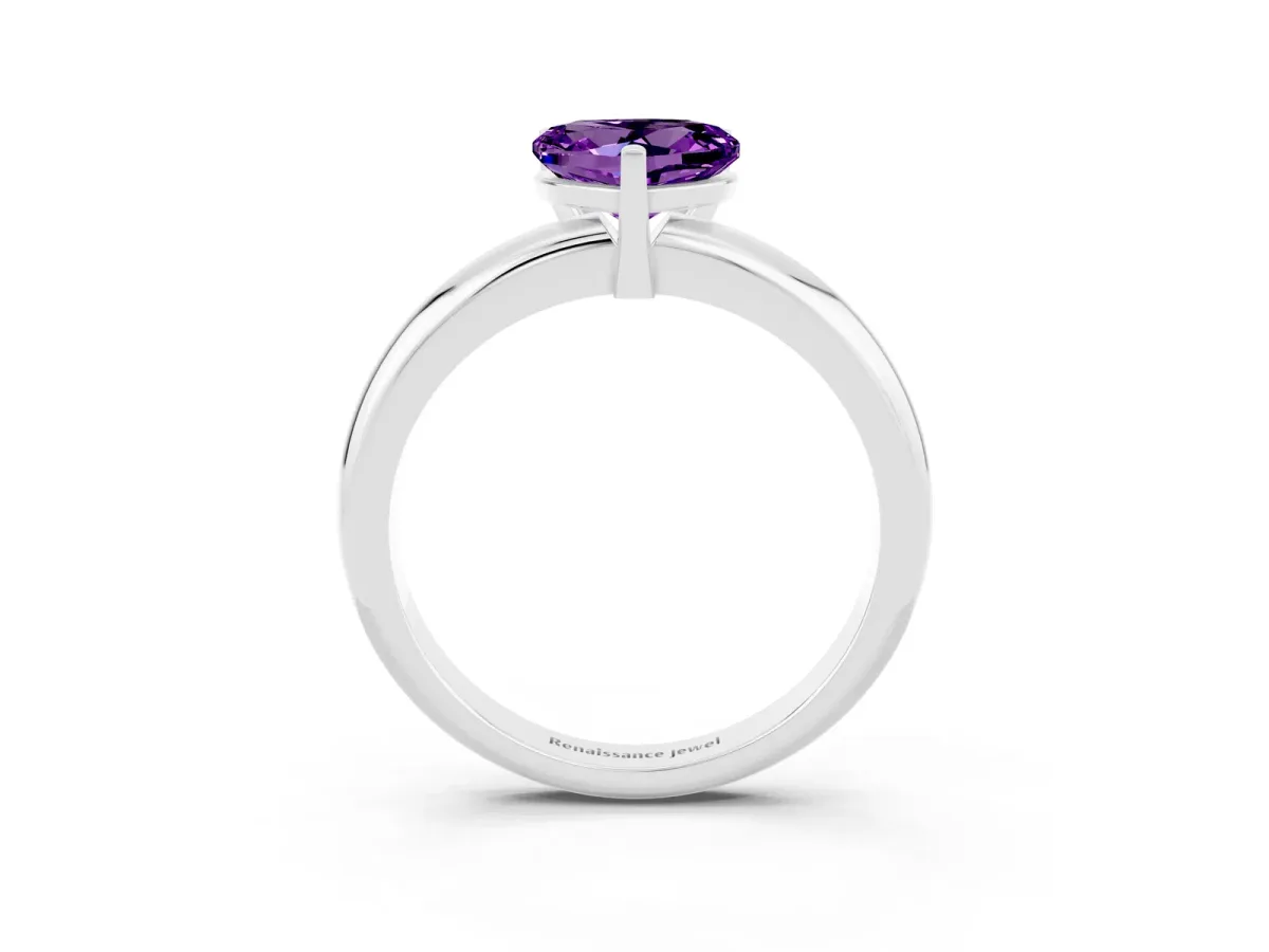 Heart Cut Amethyst Solitaire Engagement Ring with Round Band and Four-Prong Setting Silver