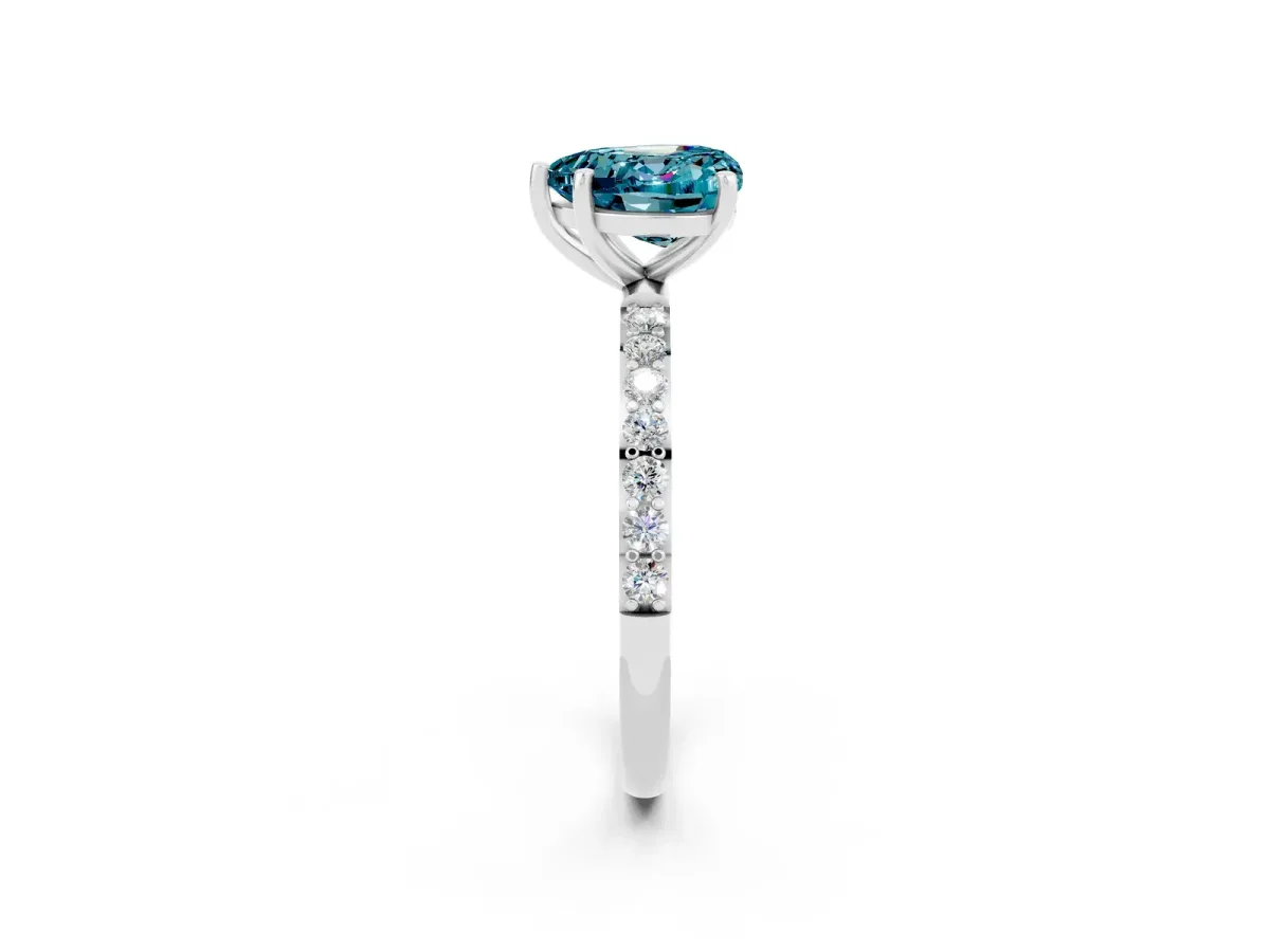Heart Cut Blue Topaz Solitaire Ring with Round Pavé Band and Prong Setting Silver