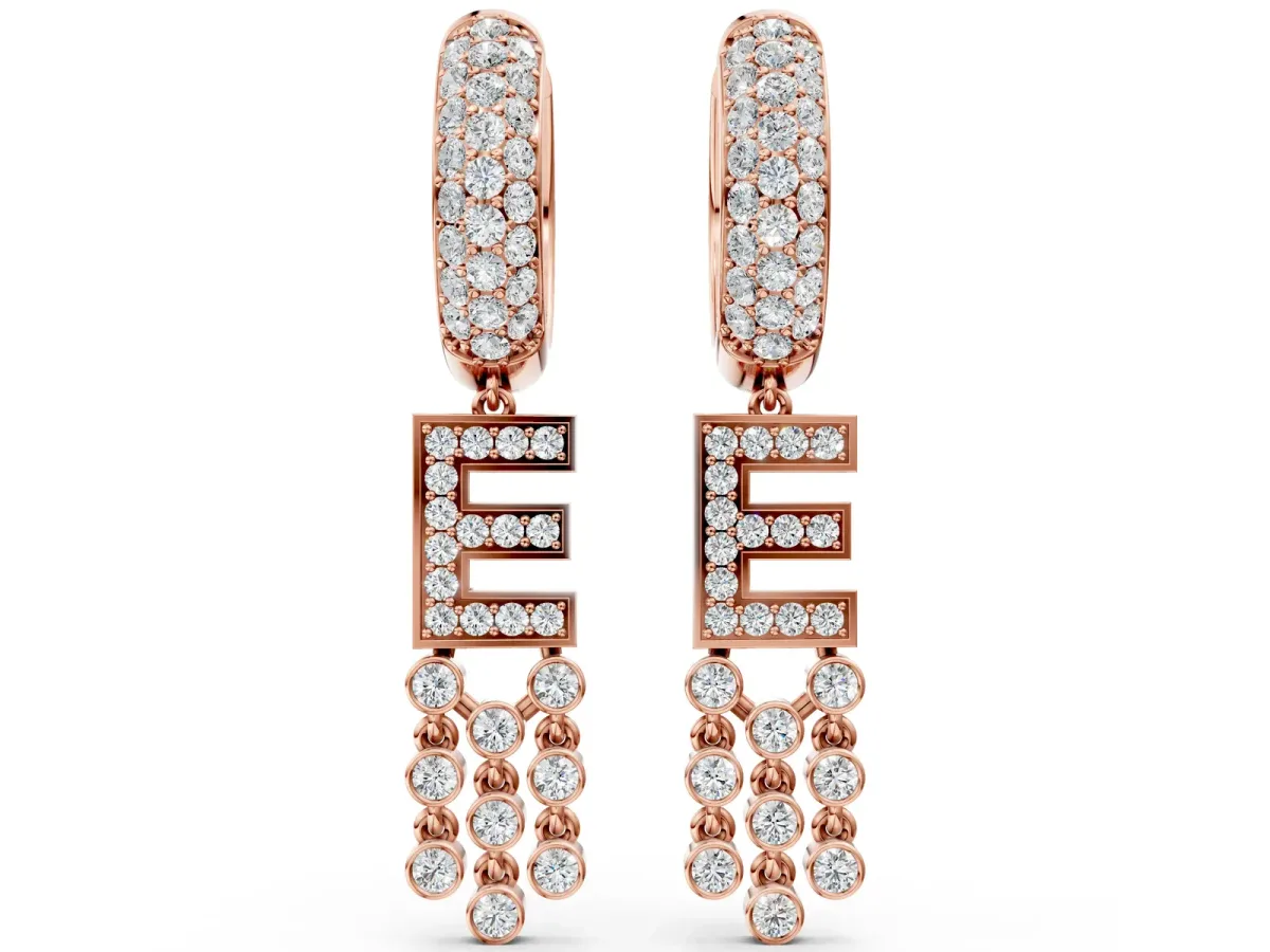 Round Diamond Initial E Huggie Hoop Earrings Rose gold