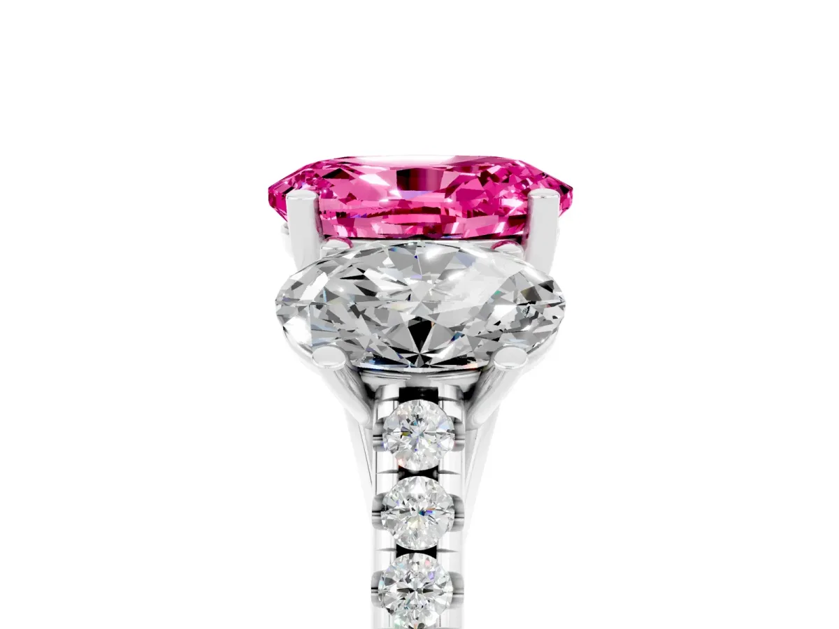 Three-Stone Oval Cut Pink Sapphire Ring with Round Pavé Band and Prong Setting Silver