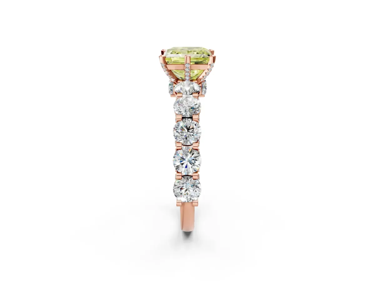 Fancy Yellow Princess Cut Diamond Side Stone Engagement Ring with Four-Prong Setting Rose gold
