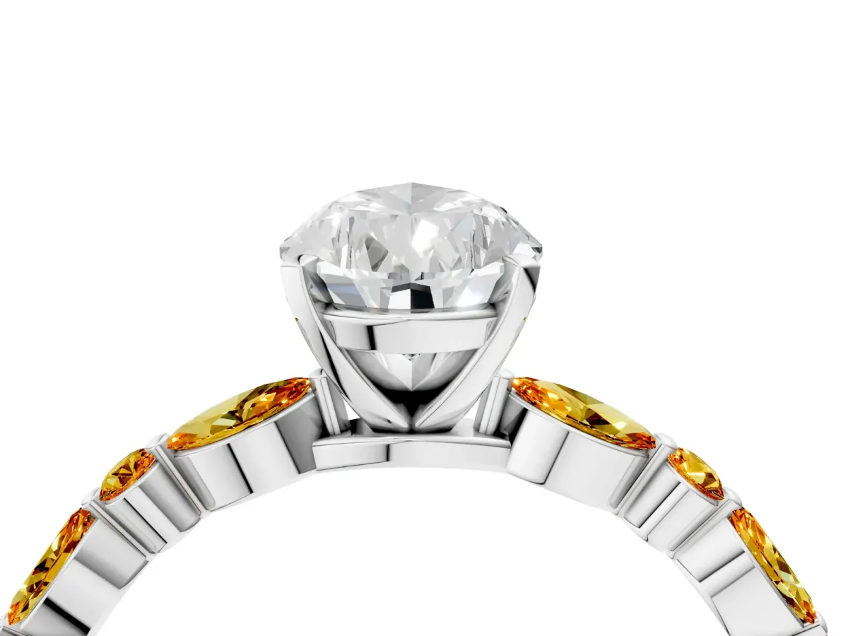 Pear Cut Diamond Ring with Marquise and Round Citrine Side Stones and Four-Prong Setting Silver