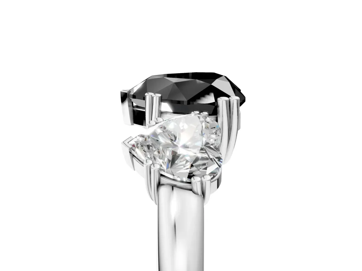 Fancy Black Three-Stone Heart Cut Cut Diamond Ring with Channel Set Band and Four-Prong Setting Silver