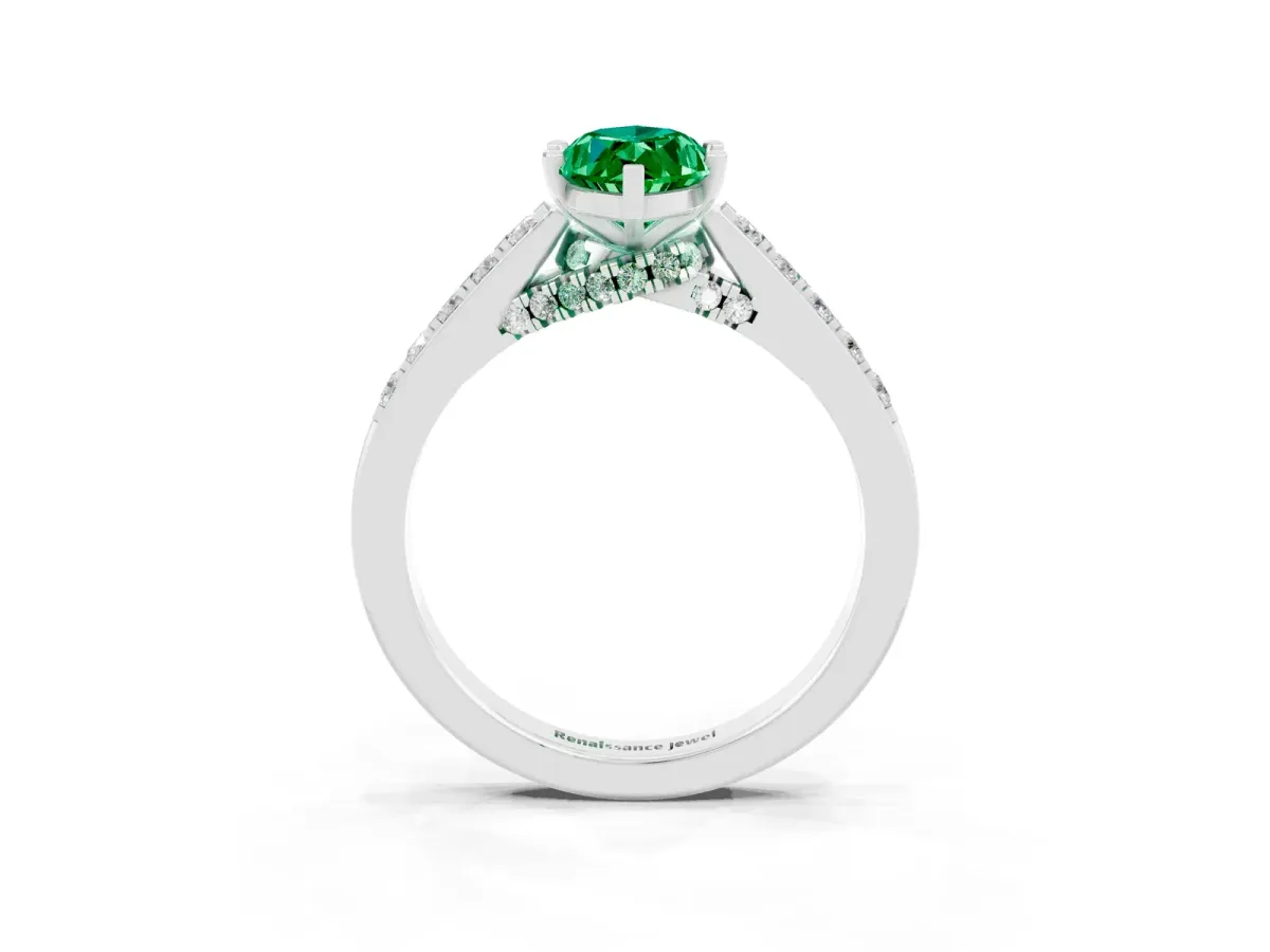 Marquise Cut Emerald Solitaire Ring with Crossover Gallery and Round Pavé Band Silver