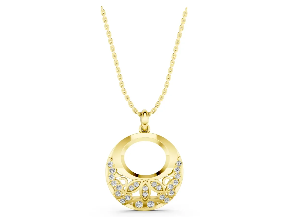 Round Diamond Pavé Leaf Filigree Pendant Yellow gold